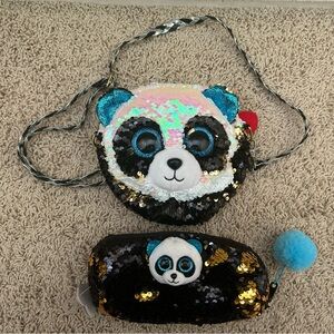 TY Flippables Sequins Bamboo Panda Girls 6” Fashion Purse + NEW pencil pouch